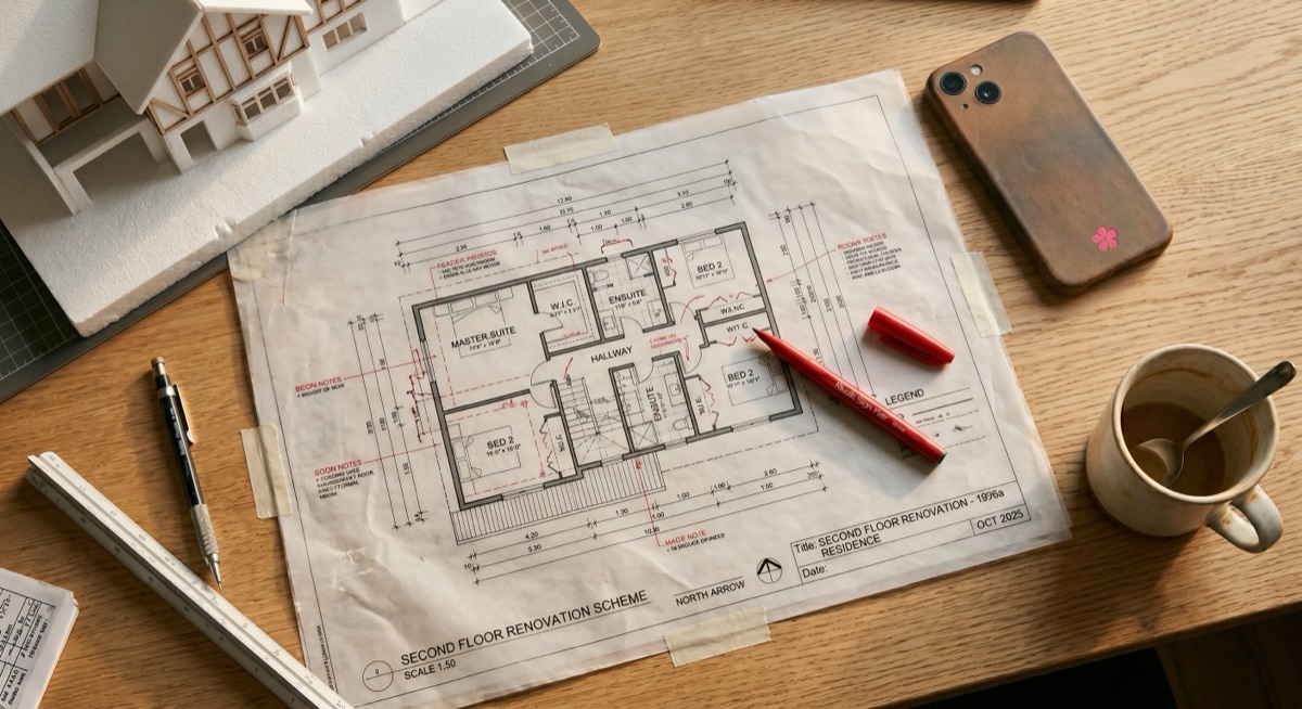 An architect's desk with a floor plan on tracing paper, red pen, a small house model, and a phone with a pink flower sticker