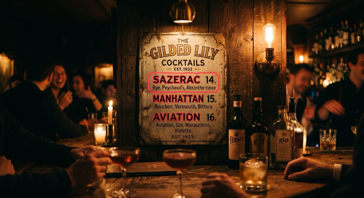 A dim cocktail bar with a vintage-style cocktail menu sign for The Gilded Lily, drink names highlighted in hot pink