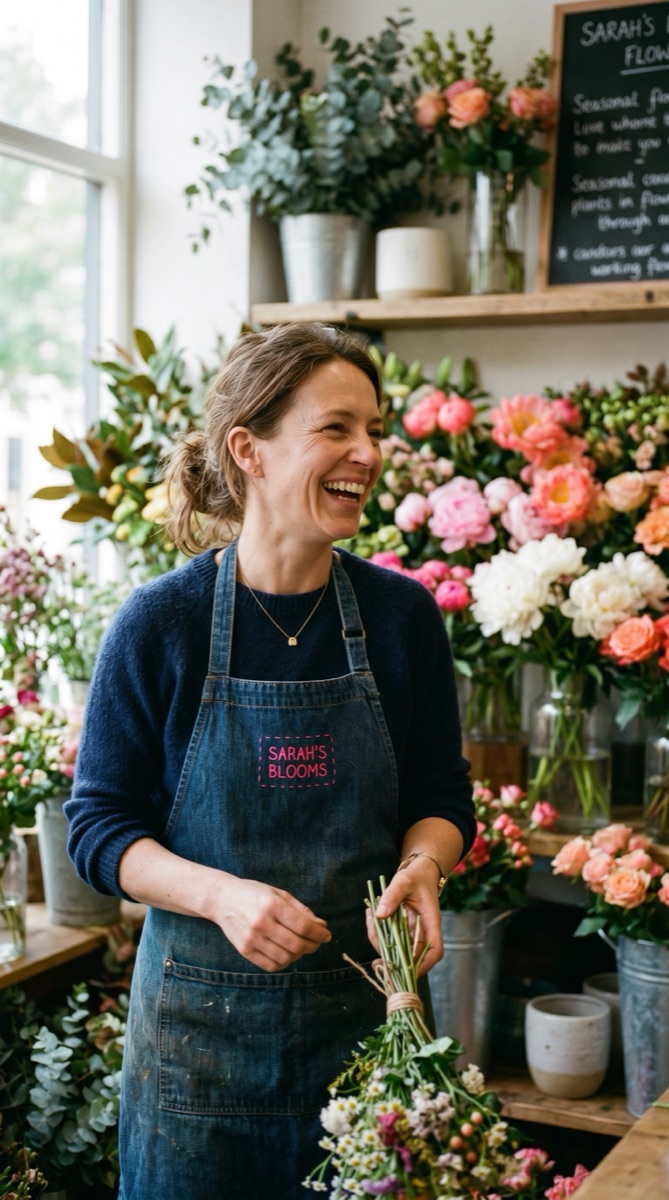 Sarah, owner of Sarah's Blooms, laughing inside her flower shop wearing a denim apron embroidered 'SARAH'S BLOOMS' in hot pink