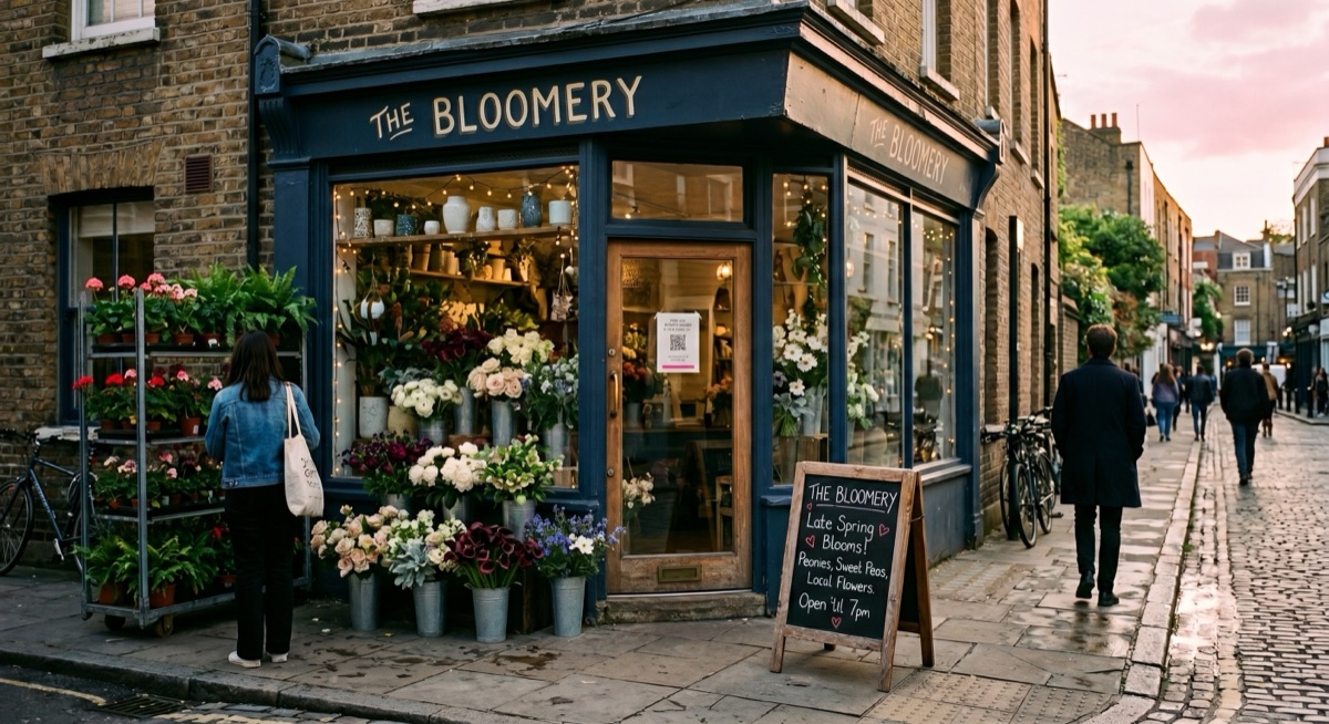 A corner flower shop named The Bloomery, with buckets of peonies and sweet pea outside, evening light, cobblestones