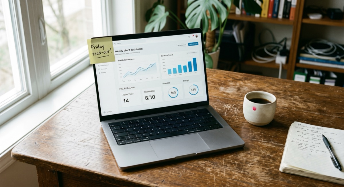 Laptop on a wooden desk showing a Friday client dashboard with a sticky note that says 'Friday read-out!'