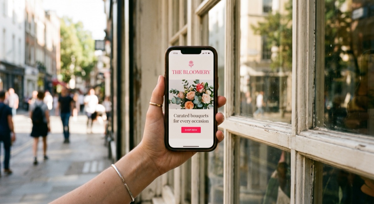 A hand holding a phone in front of a London shop window showing The Bloomery, a florist's mobile page
