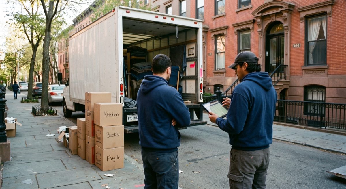 Two movers in navy hoodies on a Brooklyn brownstone sidewalk with stacked boxes and a moving truck